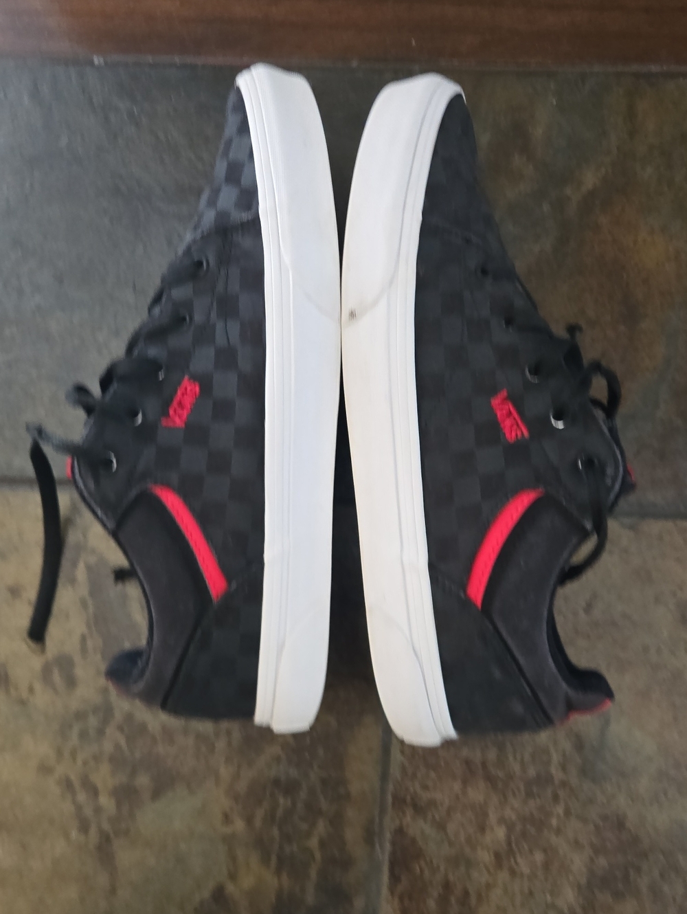 Vans Men’s Black Checkerboard Low-Top Sneakers with Red Details
